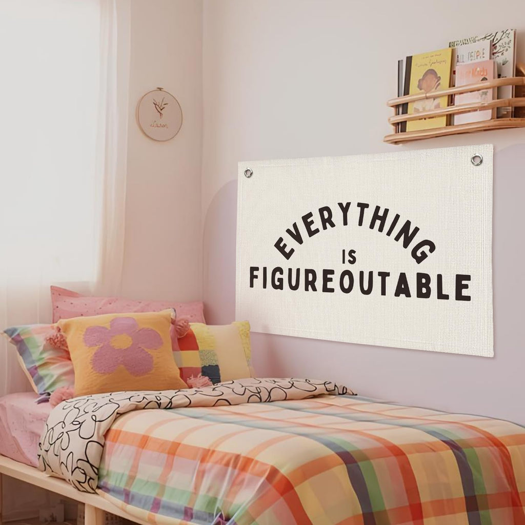 Classroom Decor, Everything is Figureoutable Inspirational Wall Decor, Office Motivational Wall Decor, Classroom Linen Canvas Banner Hanging Flag, 20x30 Inch