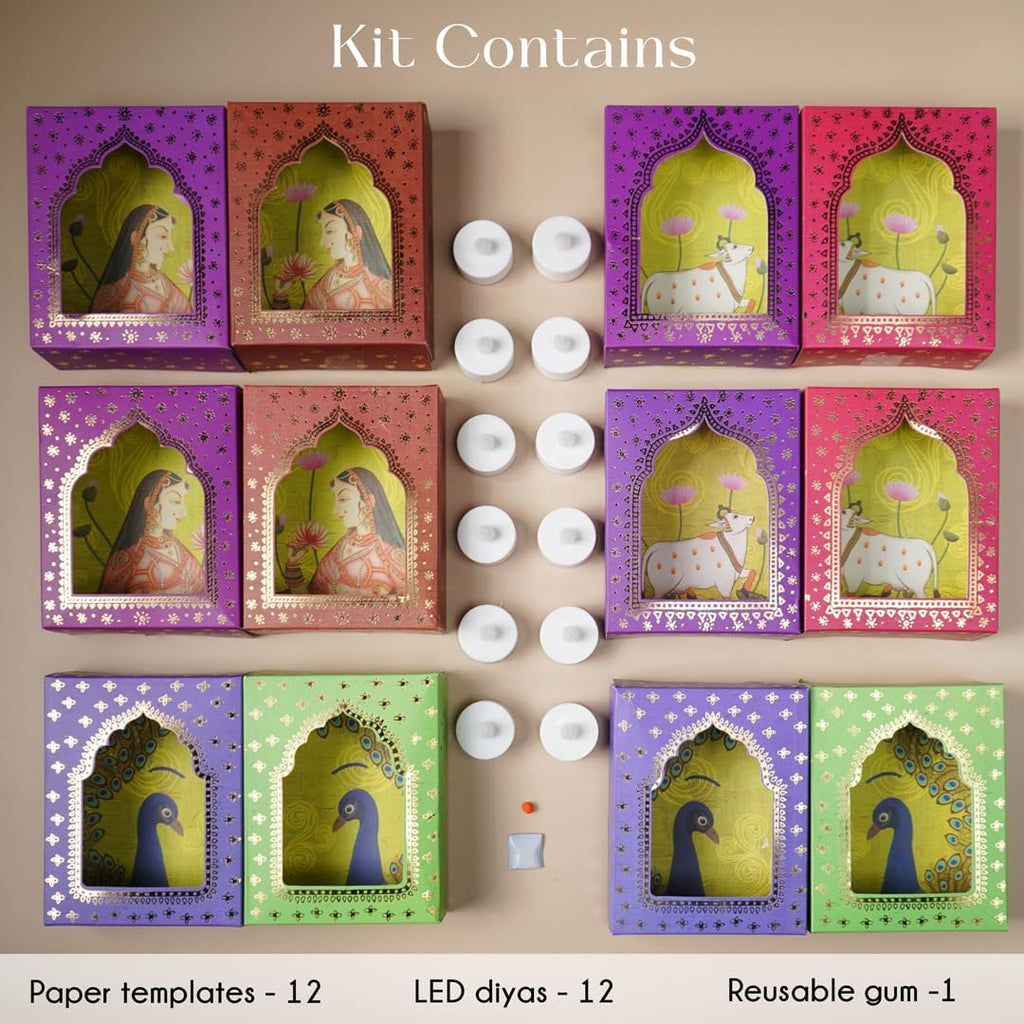 Island Rangoli Paper Deep Dwar (Pack of 12) with LED Candle, Jharokha Style Wall & Home Decor for Diwali Decoration, Festive Decor, Wall Decor