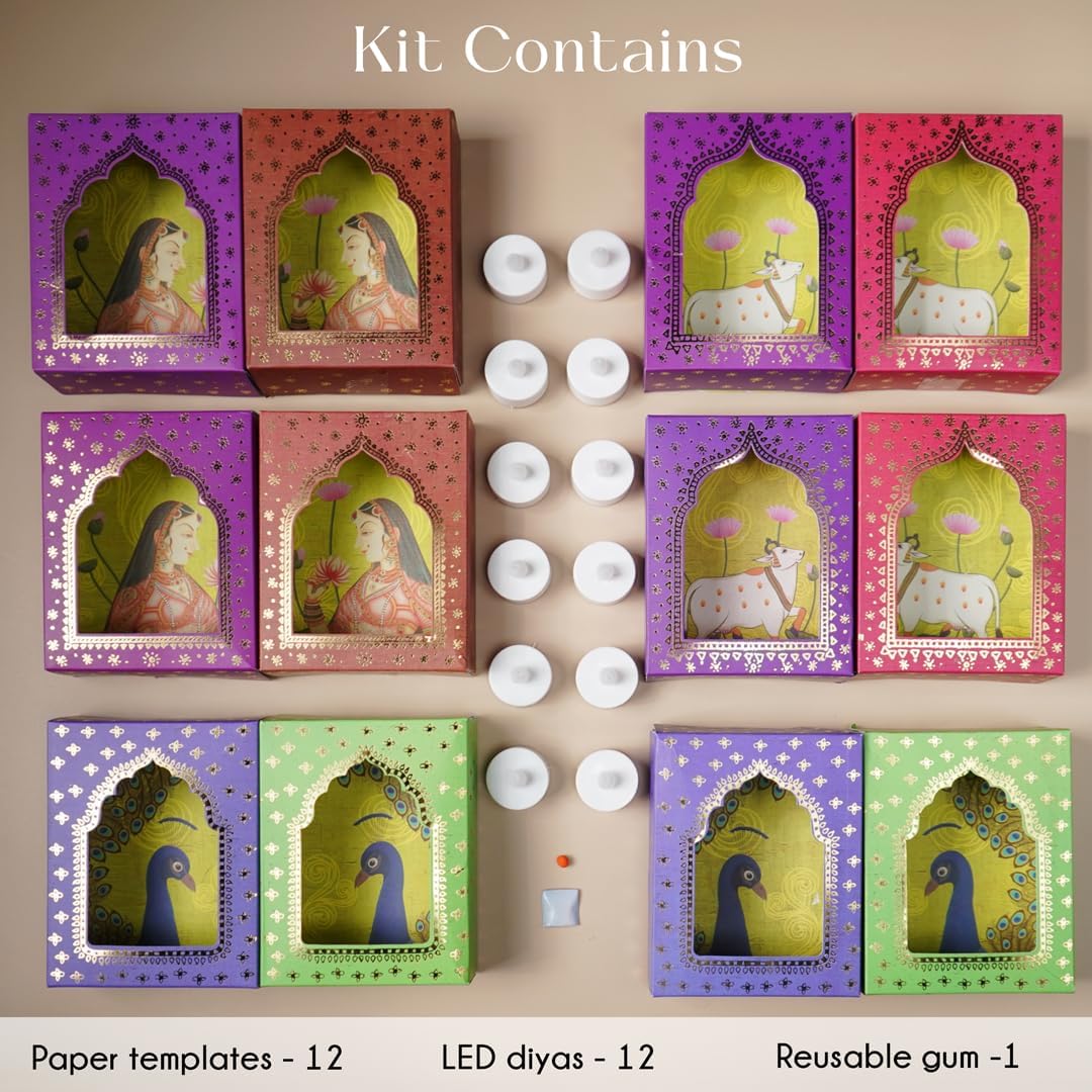 Island Rangoli Paper Deep Dwar (Pack of 12) with LED Candle, Jharokha Style Wall & Home Decor for Diwali Decoration, Festive Decor, Wall Decor