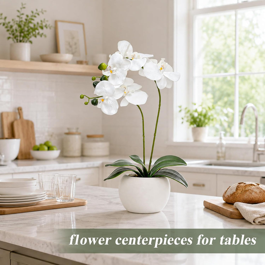 artificial flowers indoor, white fake orchid in pot, view 9