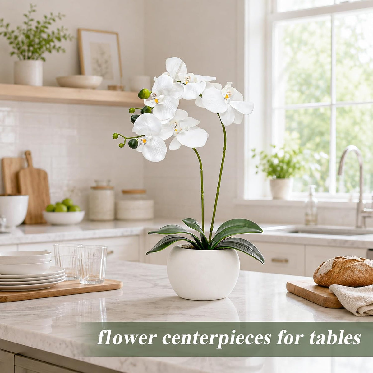 artificial flowers indoor, white fake orchid in pot, view 9