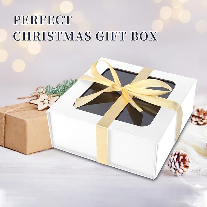 TIACABO White Gift Box with Window,7.5"x7.5"x3.1" Bridesmaid Boxe for Gifts Giving,Birthday Gift Boxes with Magnetic,Closure Lid Gifts Boxes for Presents,Cute Box,Luxury for Gift Packaging