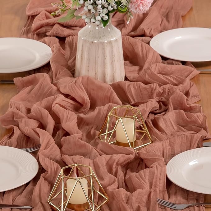 MLMW Dusty Rose Table Runner Cheesecloth Boho Gauze Rustic Cheese Cloth Table Runner 160 inch Sheer 13.3ft for Wedding Party Baby Bridal Shower Birthday
