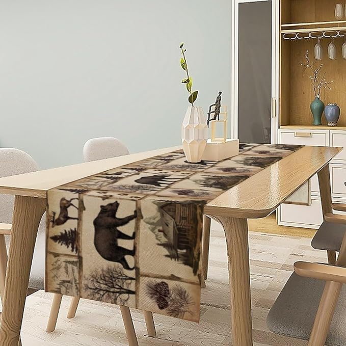 Rustic Cabin Table Runner, Retro Moose Cone Deer Bear Farmhouse Lodge Table Runner for Dinner Living Room Kitchen Vintage Country Cottage 13x120 Inch