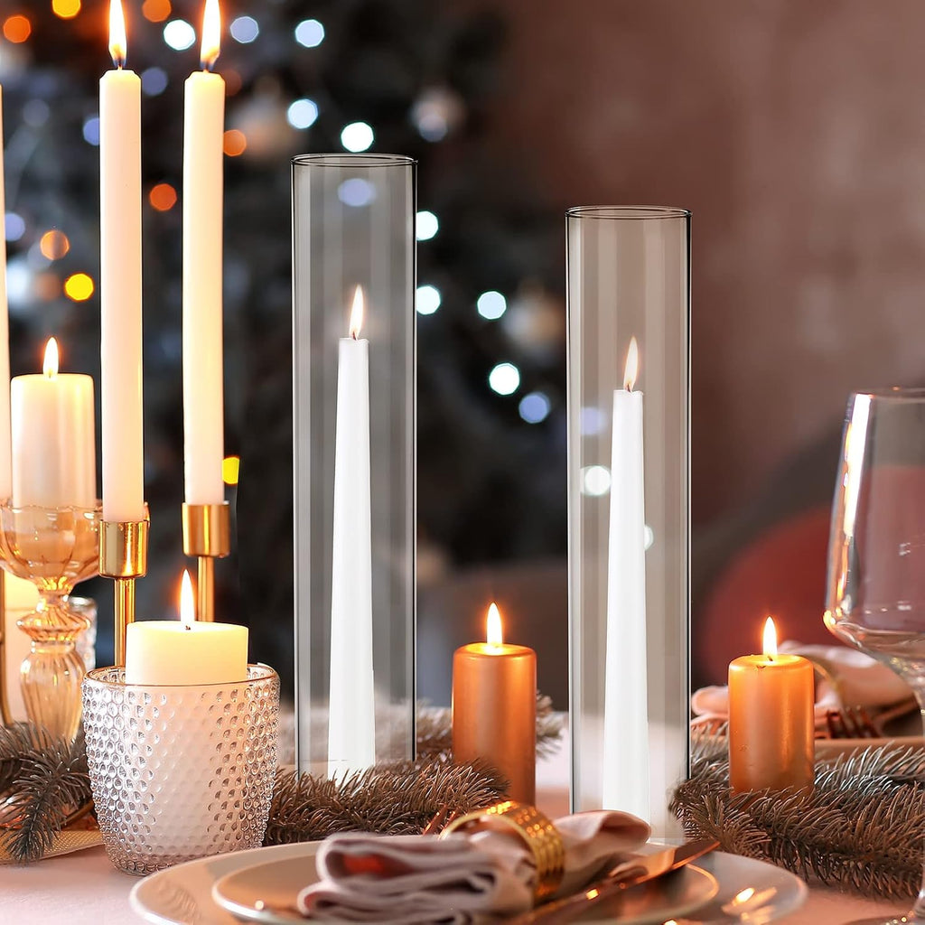 Treela 6 Pcs 2.5" W x 14" H Hurricane Candle Holder Sleeve Bottomless Glass Cylinder Candleholder Sleeve Tall Candle Glass Cover Clear Open Ended Shade Chimney Tube Cover for Pillar Taper Lamp