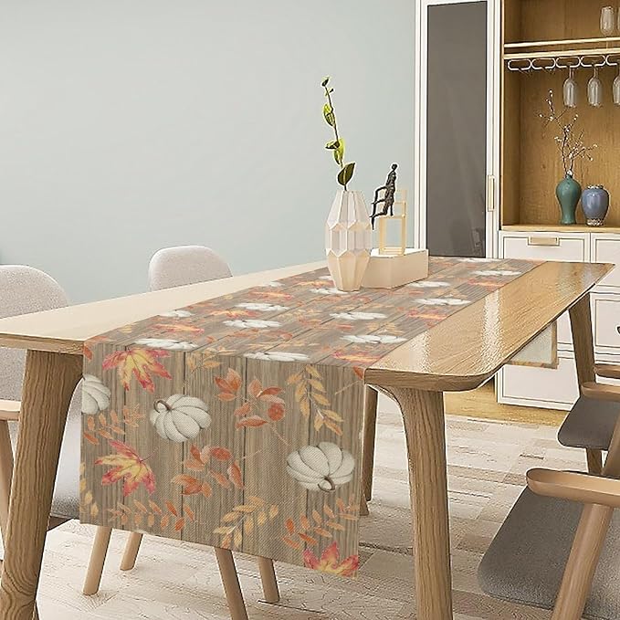 Autumn Table Runner,Pumpkins Maple Leaves Wood Fall r Seasonal Table Runner Kitchen Dining Table Decoration for Home Party Decor 13x90 Inch