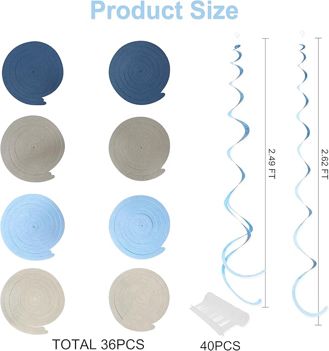 36 Pcs Dusty Blue Gray Hanging Swirl Decorations Navy Blue Grey Felt Swirl Streamer Spiral Ceiling Garland for Baby Shower Wedding Birthday Engagement Ahoy Achor Nautical Graduation Party Supplies