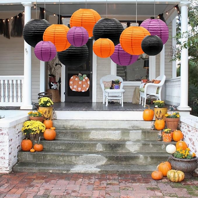 Orange Purple Black Paper Lanterns Decorative 12pcs Halloween Hanging Decorations for Graduation Thanksgiving Birthday Party Decorations