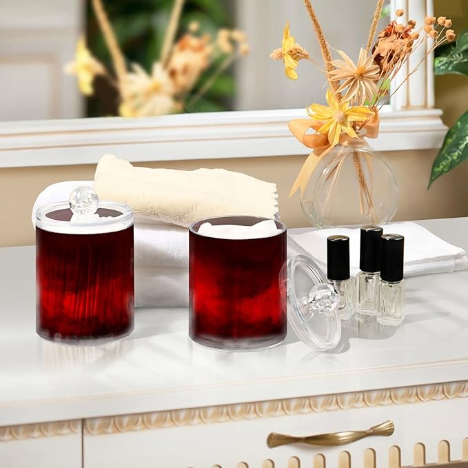 Gredecor 4 Pack Qtip Holder Clear Red Apothecary Jars with Lids Plastic Acrylic Bathroom Jars Vanity Countertop Canister Storage Organizer for Cotton Ball,Swabs,Pads,Floss