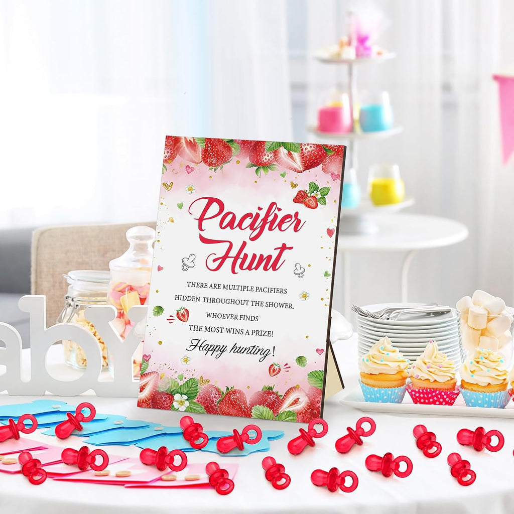 Thyle 51 Pcs Strawberry Pacifier Hunt Baby Shower Games Include Hunt Sign and 50 Acrylic Pacifiers for Baby Shower Decoration Gift Sets Gender Reveal Party Decor