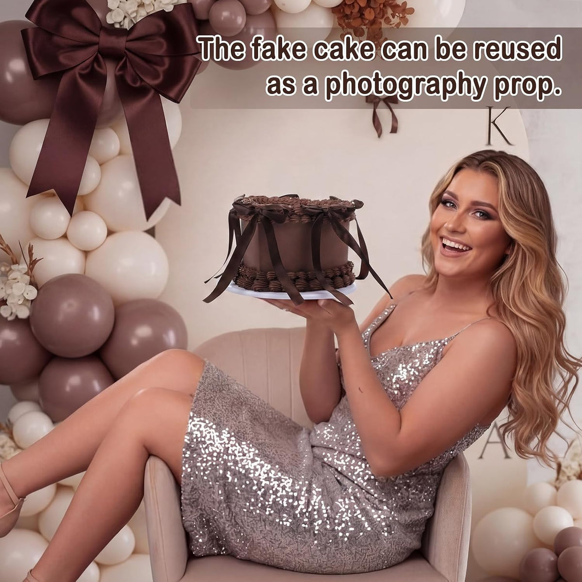 remerry 6 inch chocolate heart fake cake bow showing dimensions