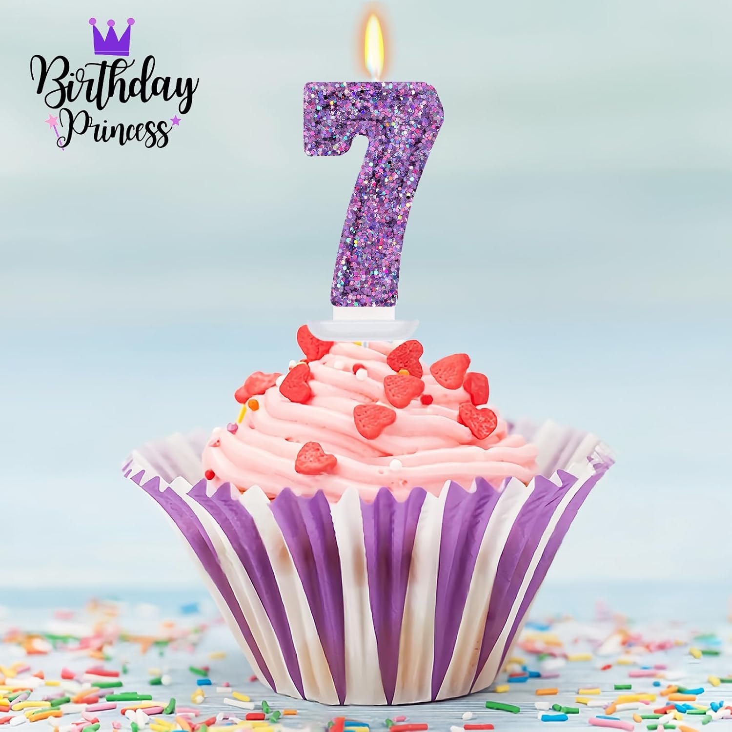 Deep Purple Glitter Birthday Candles for Girls - Number 7 Candle Cake Topper for Kpop Themed Birthday Party Decorations
