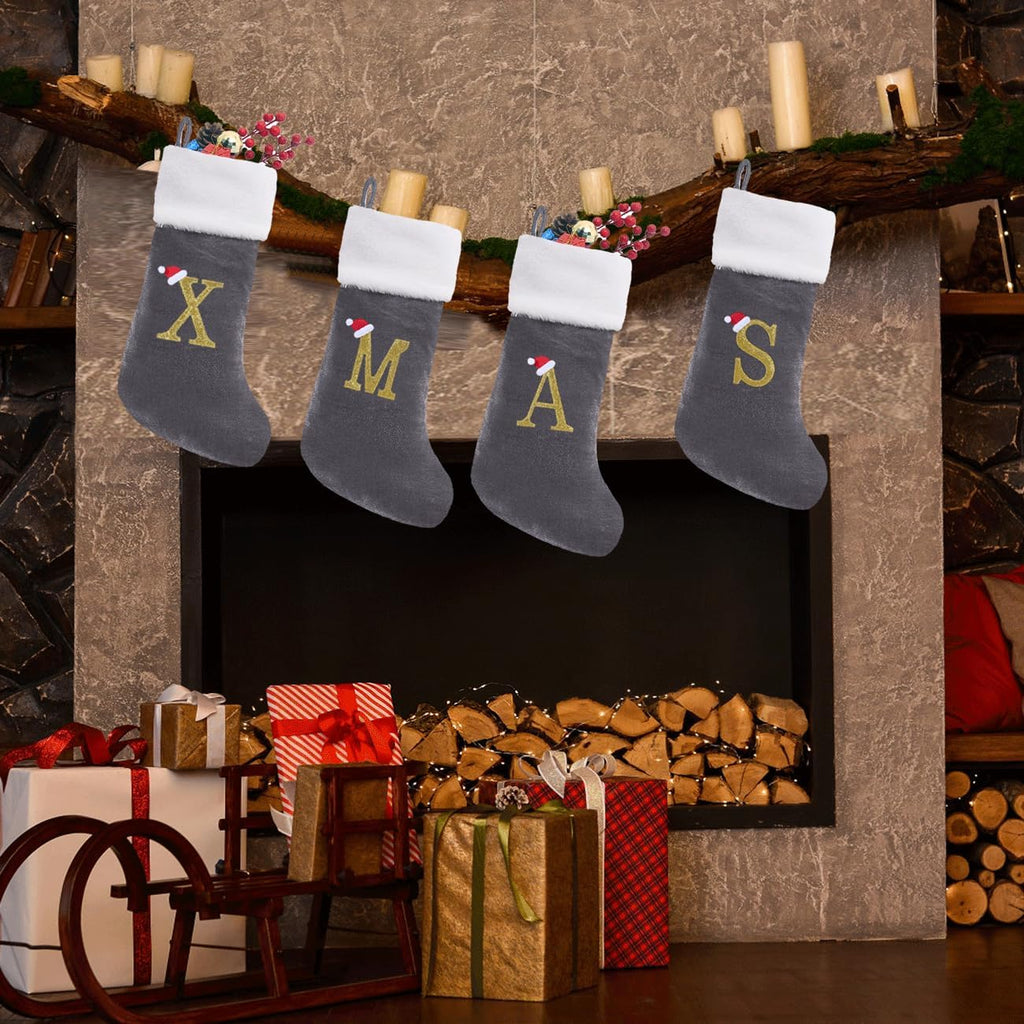 20 Inches Monogram Christmas Stockings with Letters Large Super Soft Christmas Stockings, Grey Velvet with White Plush Cuff Embroidered Xmas Stocking for Christmas Family Decor Letter P