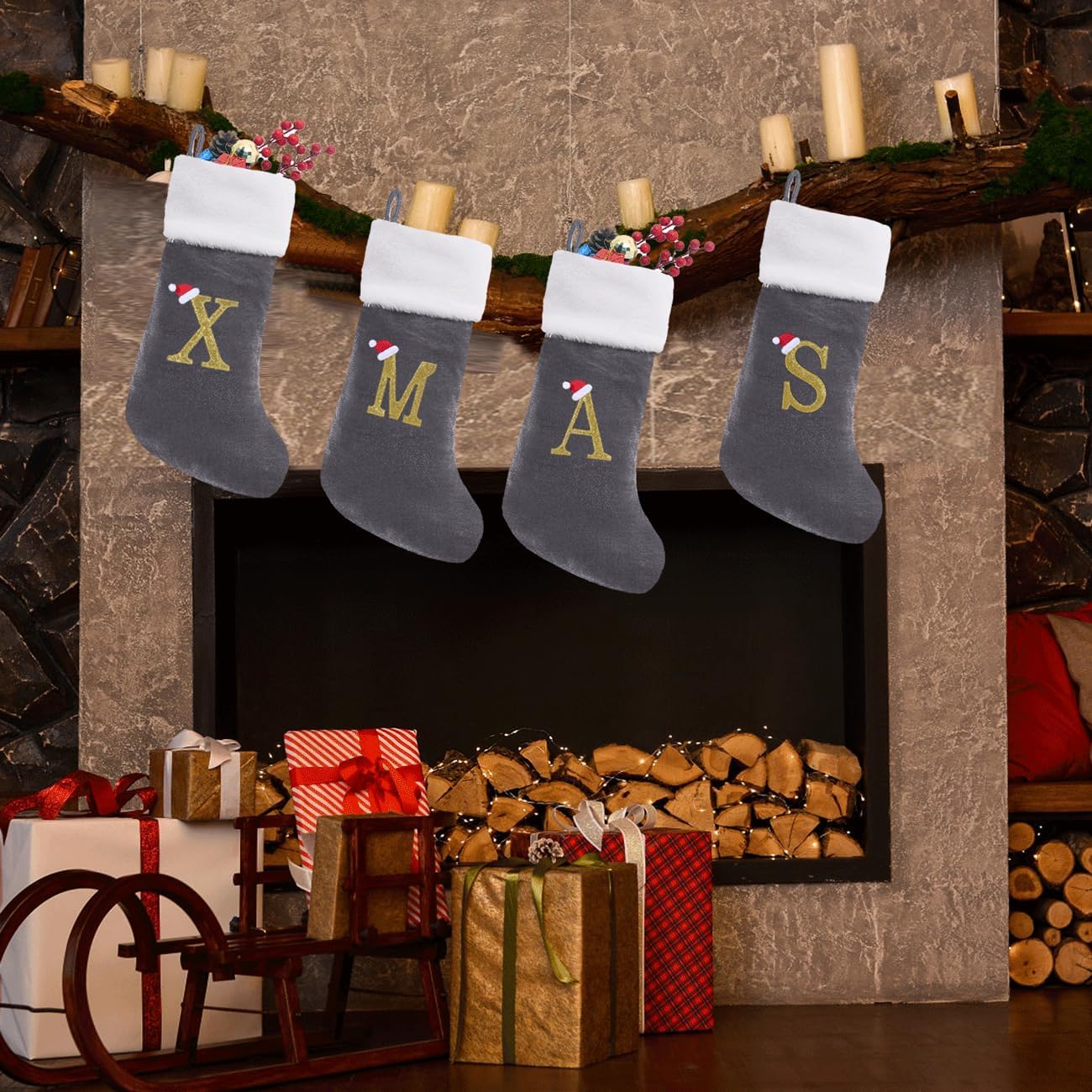 20 Inches Monogram Christmas Stockings with Letters Large Super Soft Christmas Stockings, Grey Velvet with White Plush Cuff Embroidered Xmas Stocking for Christmas Family Decor Letter P