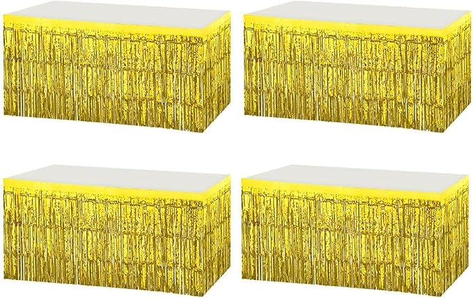4 Pack Metallic Foil Fringe Tinsel Table Skirts,29x108 Inch Party Disposable Table Skirt Banner for Hotel Banquet Parade Floats Mardi Gras Holiday Birthday Wedding New Year Party Decoration(Gold)