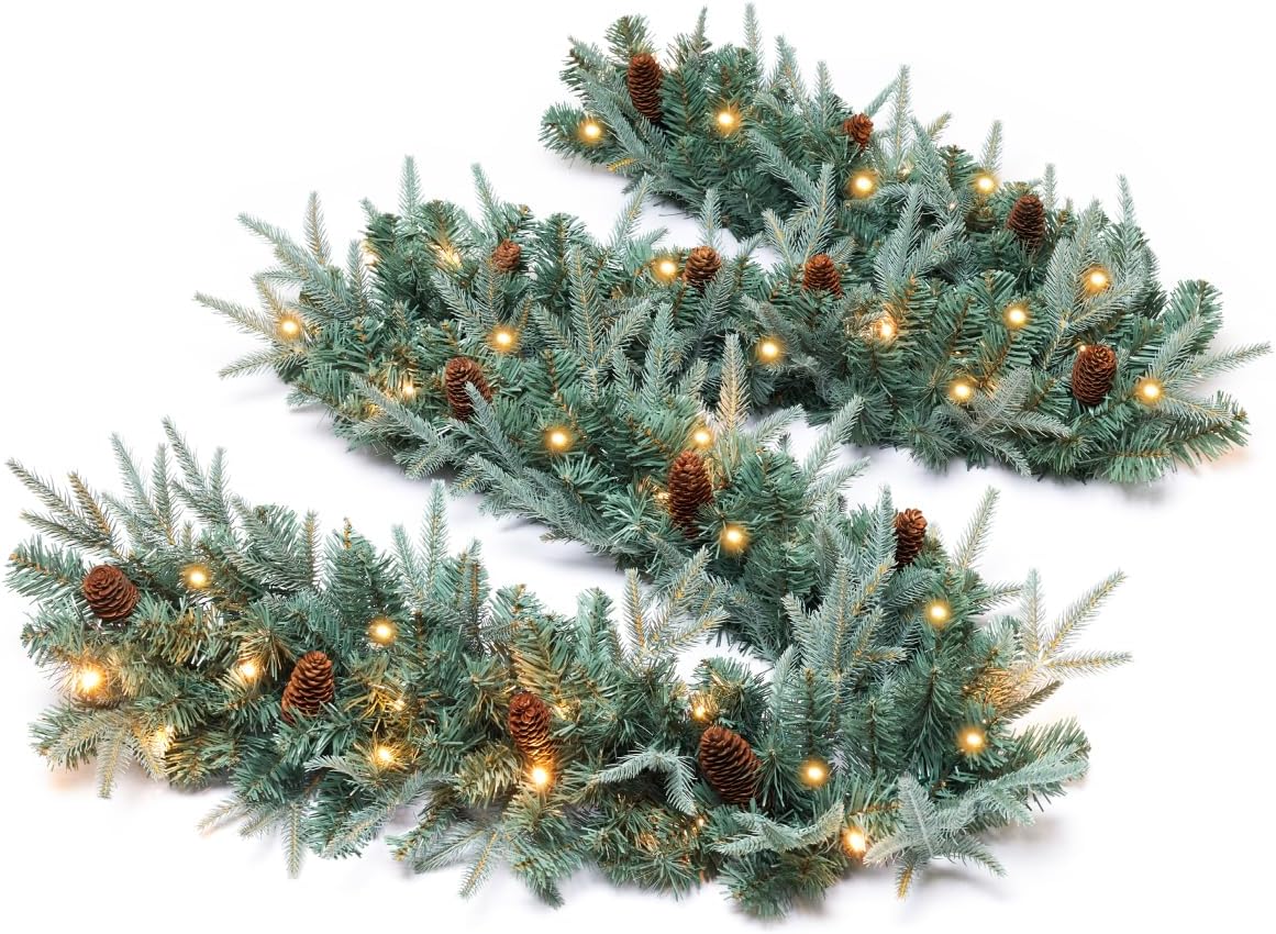somikis 9ft christmas garland, battery operated pre-lit xmas, close-up detail