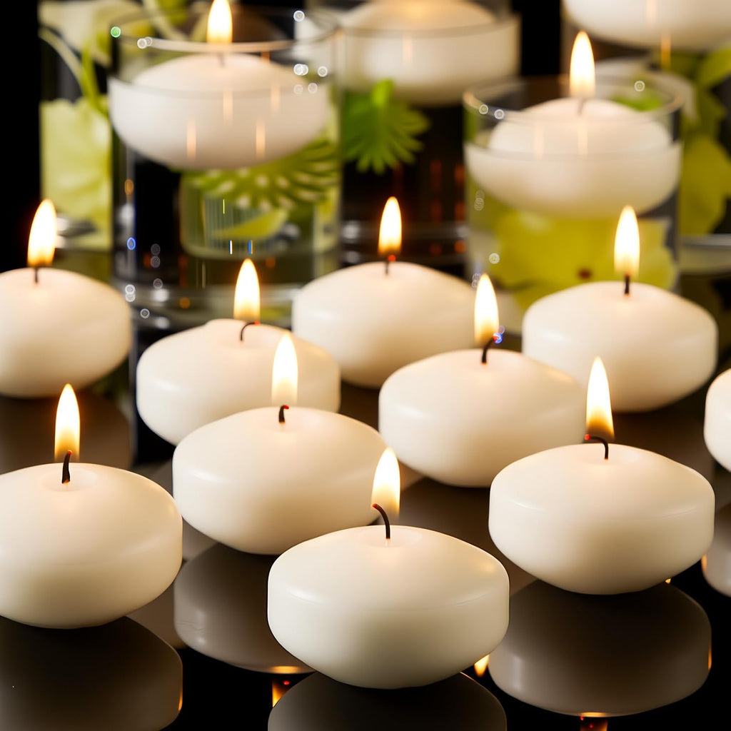 Crenovo Floating Candles Dripless, 10-Hour Clean Burn, 3 Inch Unscented Candles for Wedding, Party, Centerpieces, 24 Pack Ivory Water Candles Romantic Decoration for Valentine's Day