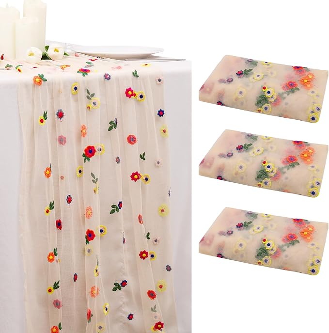 BINBE 3pcs Champagne Daisy Fall Table Runner Embroidery Gauze 10FT Florals Seasonal Tulle Holiday Birthday Kitchen Dining Table Decor for Home Party
