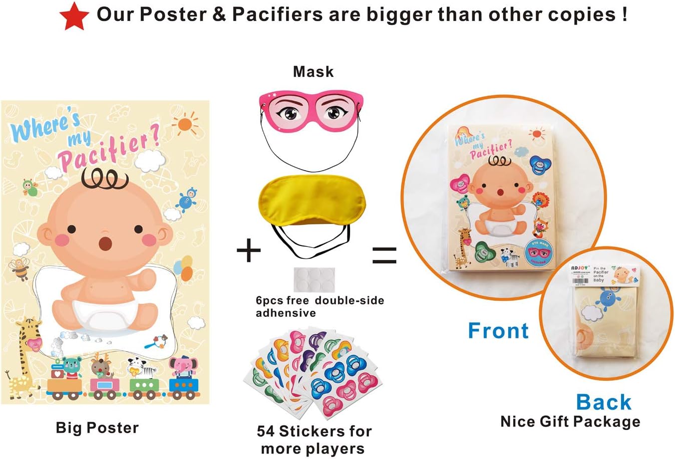 ADJOY Pin The Pacifier on The Baby Game - Baby Shower Party Favors Dummy Pin Game