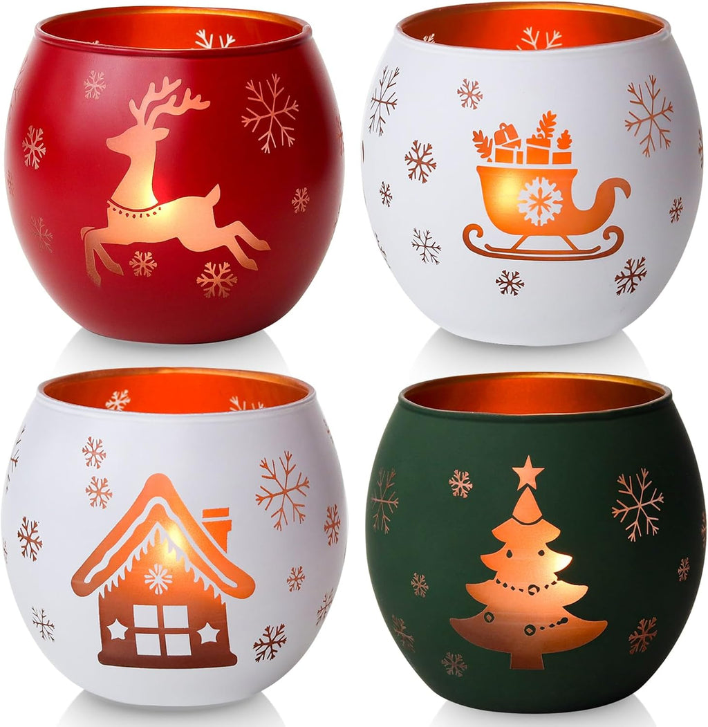 Christmas Candle Holders Set of 4, Frosted Glass Tealight Votive Holders with Snowflake, Reindeer, Christmas Tree Designs, Winter Holiday Table Centerpiece for Indoor Outdoor Decor (Red, Green, White)