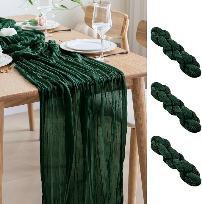 Asee'm 3PCS Table Runner Cheesecloth 10FT Emerald Green Boho Gauze Fabric Rustic Sheer Cheese Cloth Runners for Wedding Bridal Shower Party Spring Easter Decoration