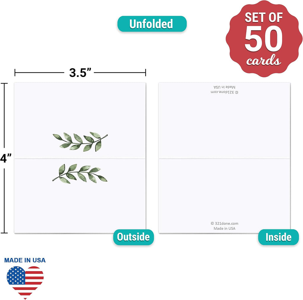 321Done Greenery Place Cards for Table Setting - Set of 50 Blank Name Cards, Seating Chart & Placecard for Wedding Reception, Dinner Party, Buffet & Calligraphy - 3.5x2, White, Made in USA