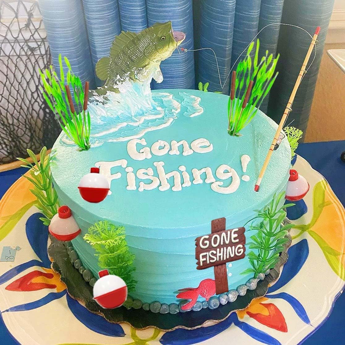 Fishing Cake Topper, Gone Fishing Cake Topper With Bass Reed For Fisherman Themed Decoration And Retirement Party Supplies