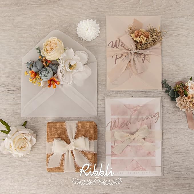 Ribbli Nude Ribbon 1 Inch x 3 Rolls Total 24 Yards Cream/Nude/Beige Handmade Fringe Chiffon Silk Ribbon for Wrapping Wedding Invitations Bridal Bouquets DIY Crafts Home Decor