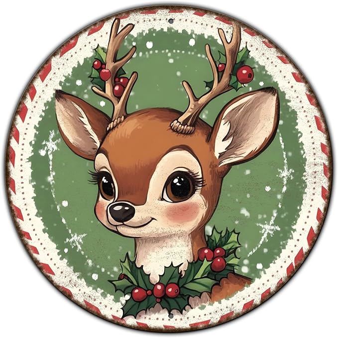 Round Retro Reindeer Metal Tin Sign - Vintage Christmas Decor for Home Coffee Wall - 8 * 8 in