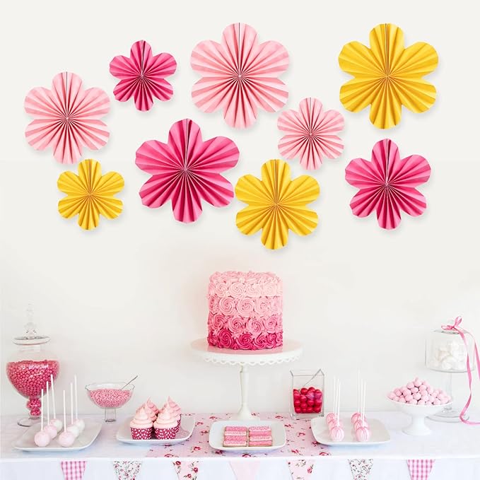 Easy Joy Paper Flowers Decorations for Wall Paper Fans Classroom Decoration Paper Floral Backdrop Decor Paper Fans Decoration Hanging Paper Fans Pink Flower Wall Decor, Set of 9