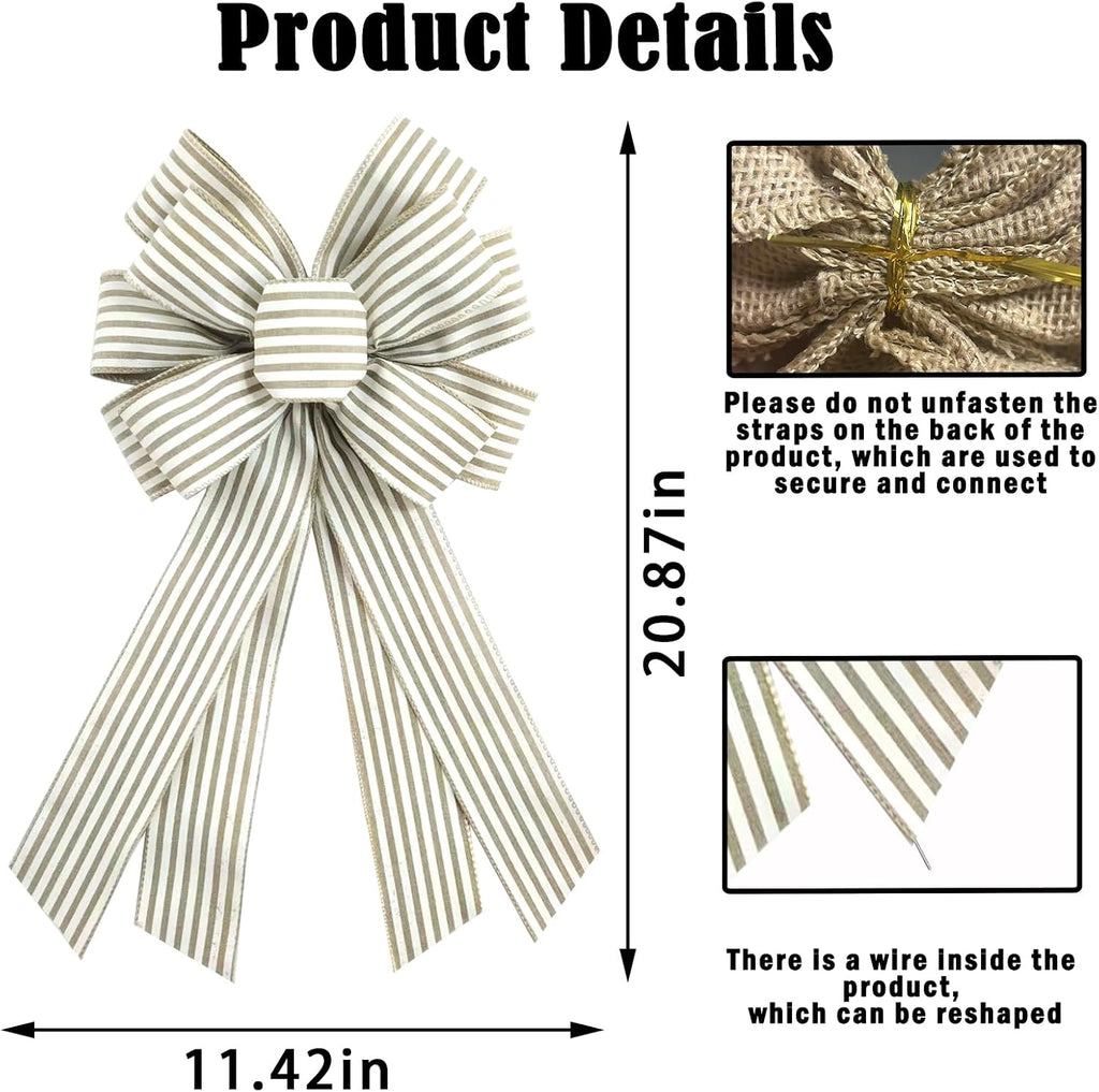 Natural Burlap Wreath Bow 20 x 11 Inches Easter Bows Light Khaki Stripes Ribbon Bow Carnival Farmhouse Bow Tree Ornament for Home Front Door Decorations
