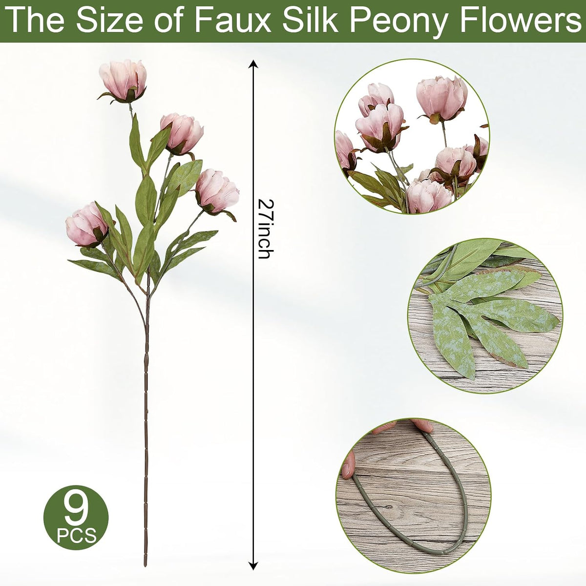 27 Inches 9 PCS Artificial Flowers Stems Peonies - Blush Brown