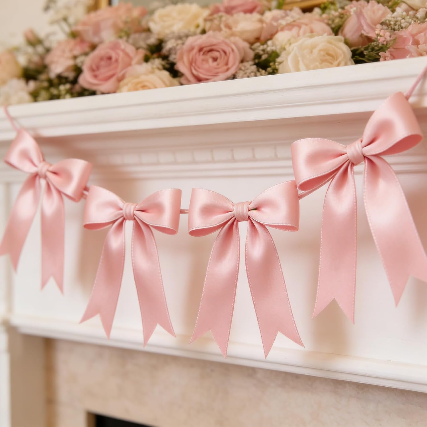 1 String Pink Bow Garland Banner Decorations, Pre-Strung Satin Ribbon Bows for Birthday, Baby Shower, Bridal Shower, Coquette Girls Room, Bow Themed Party, Wedding, Christmas Tree Decorations