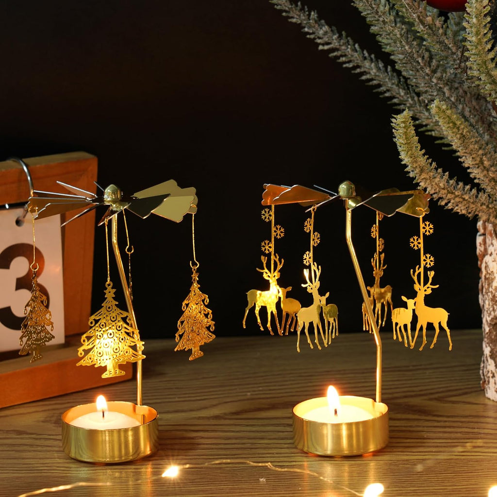 2Pcs Rotary Candle Holder Spinning Tea Light Candle Holder Gold Christmas Tree & Reindeer Style Metal Rotating Candlestick