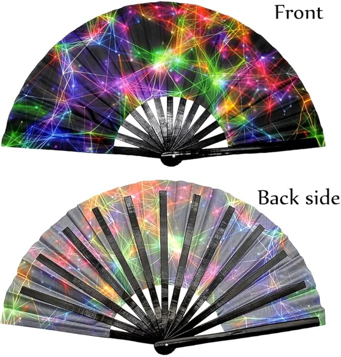2 Pack Large Folding Rave Fan for Women/Men Holographic Festival Bamboo Clack Hand Fan Decorative Accessories for EDM, Music Festival, Event, Party, Dance, Performance,Halloween (Style-1)