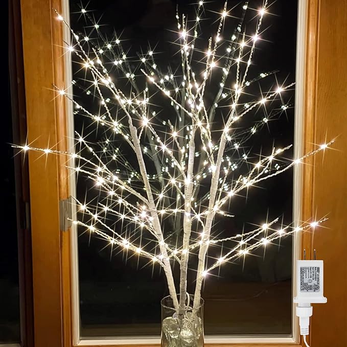 Bexdir Lighted Birch White Tree Branches 33IN 180LED with Timer Plug in, Artificial Tree White Birch Twig for Christmas Home Decor Party Wedding Bedroom