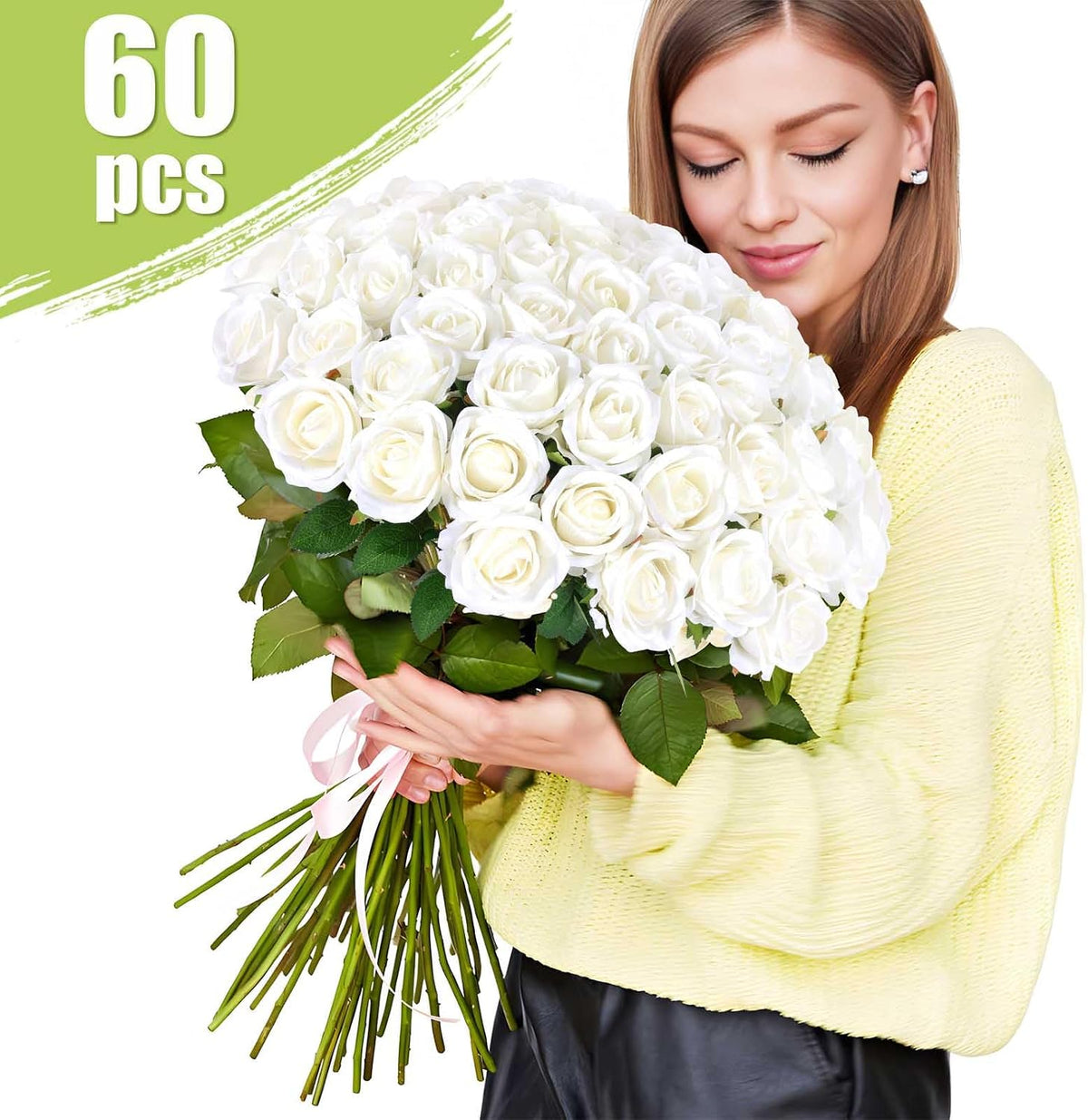 rowfad 60 pcs white roses artificial flowers bulk, close-up detail