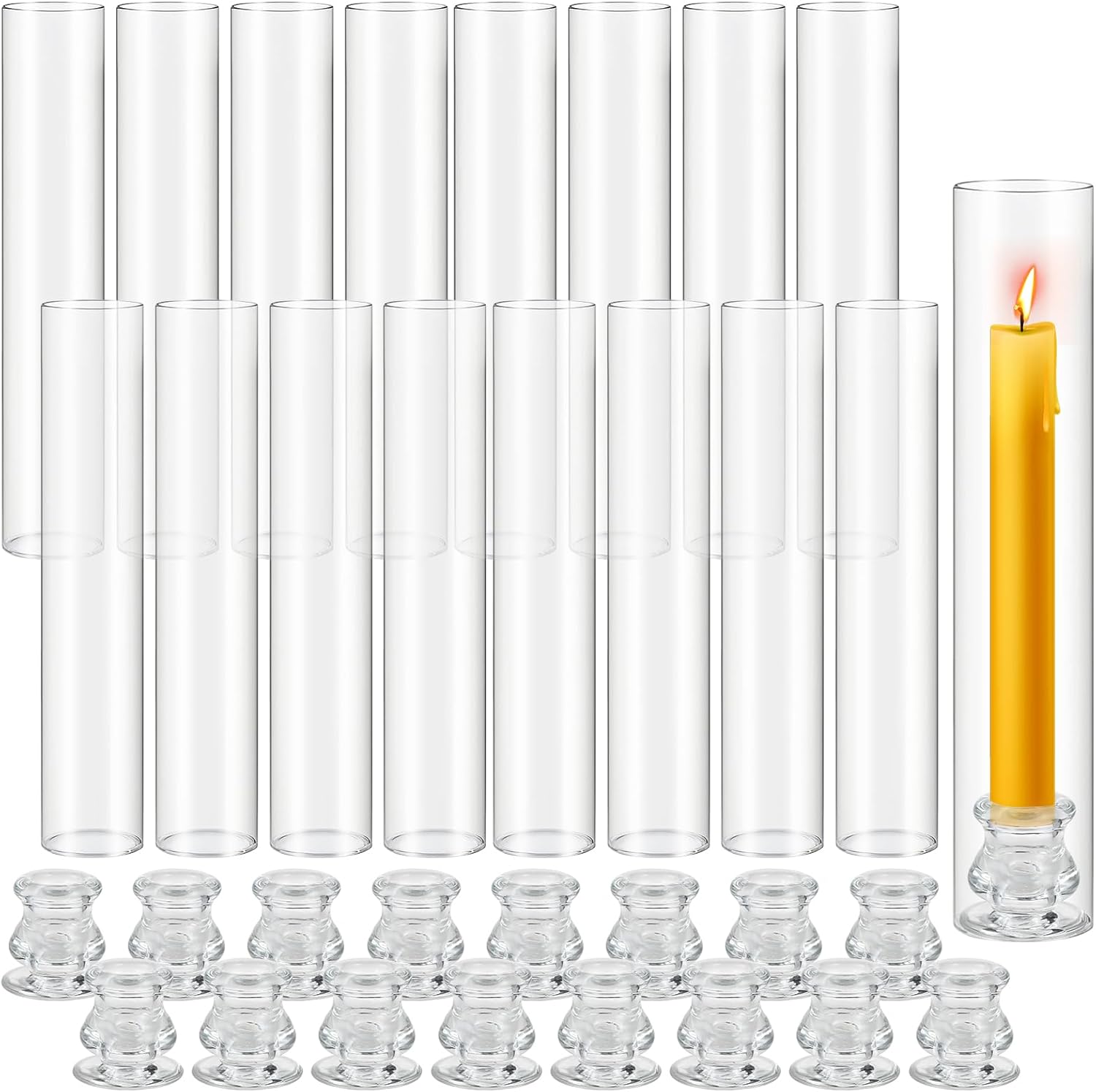 Hurricane Glass Candle Holders Set of 16, 11.8" H Clear Cylinder Windproof Candle Holder Chimney Tubes, Taper Glass Candlestick Holders for Home Decor Wedding Party Table Centerpieces