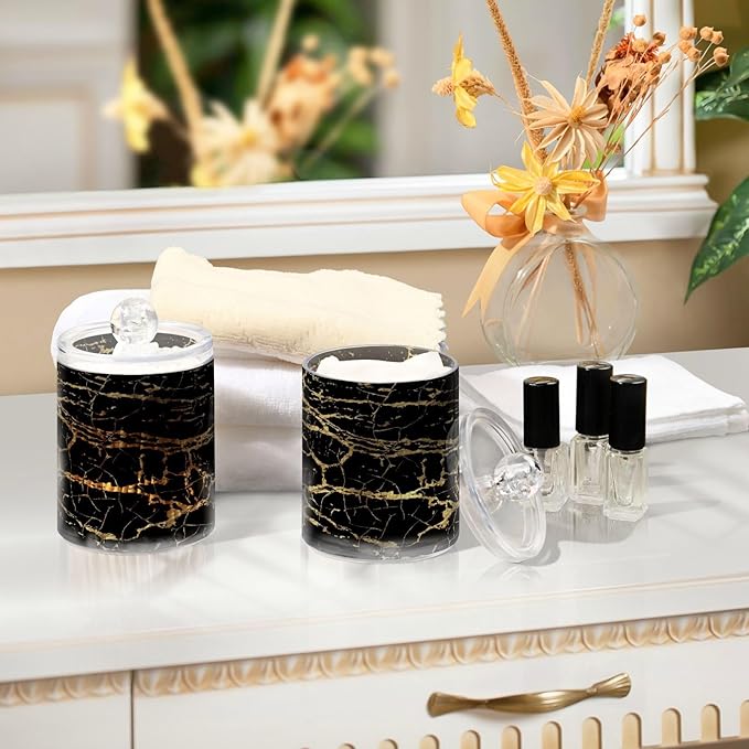 Qtip Holder Dispenser 2 Pack Gold Black Marbling Bathroom Decorative Storage Canister Holder Counter Vanity Organizer for Cotton Ball Swabs Pads Floss