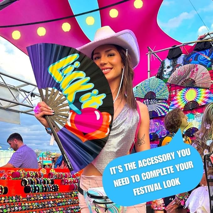 Kandies World UV Reactive Custom Festival Folding Hand Fan - Unique Designs, Made of Bamboo, Clacking Sound, Lightweight - Perfect Rave and Festival Accessory!