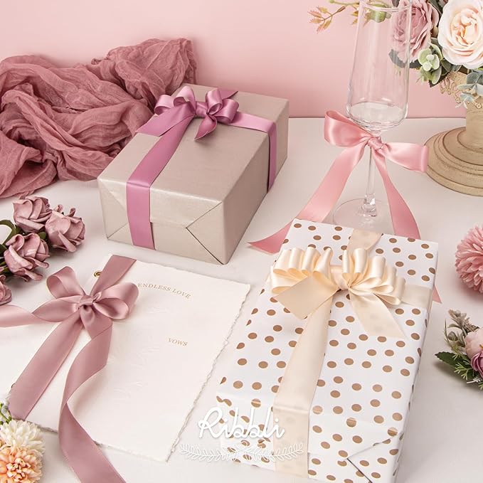 Ribbli Dusty Rose Satin Ribbon 1 Inch x 4 Rolls Total 40 Yards- Pink/Rose Gold/Rosy Mauve/Mauve Ribbon for Gift Wrapping Craft Wedding Decoration