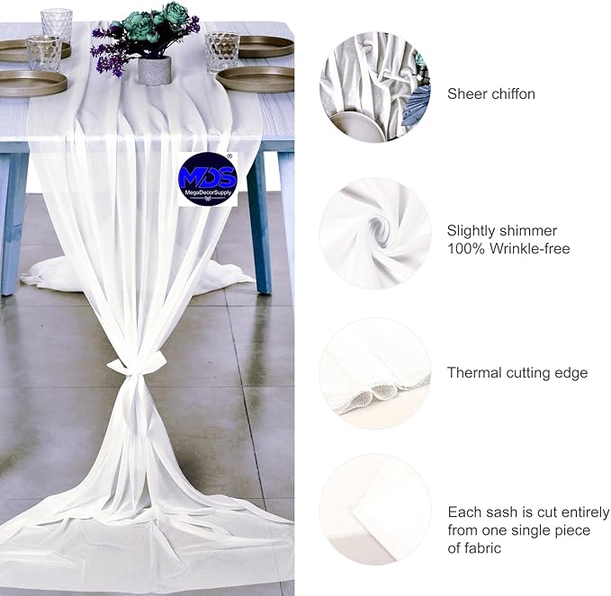 MDS 10 Pack 10ft Chiffon Table Runner 29 x 120 Inches Sheer Wedding Runner Romantic Rustic Table Runner for Wedding Decorations, Birthday Parties, Bridal Shower Party Arch Decor - Ivory