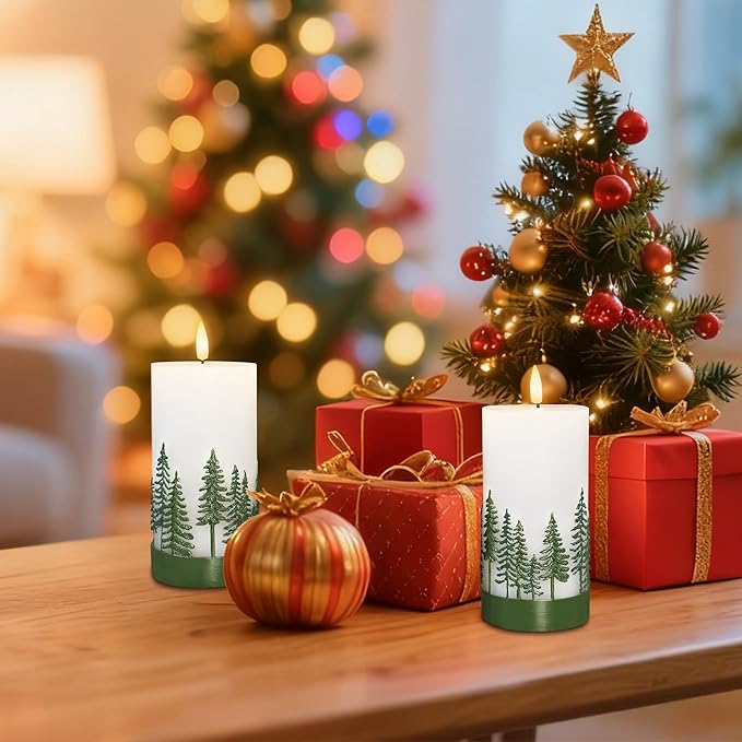 Silverstro Holiday Flameless Candles Green Hand Drawn Christmas Tree Design with Remote Control, Flickering Real Wax Christmas LED Candles - Home Party Bathroom Room Xmas Decorations - Set of 2