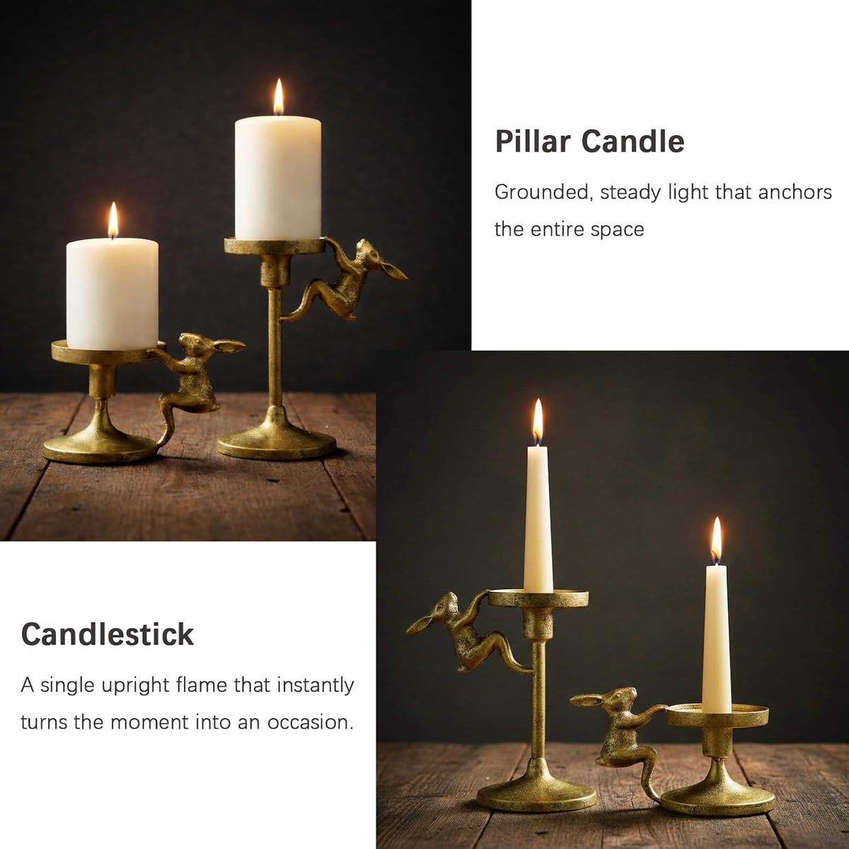 Set of 2 Cast Iron Climbing Bunny Candle Holders, Vintage Heavy-Duty Decorative Stands for 7/8" Taper Candlesticks and 3" Pillar Candles, Lively Easter & Spring Mantel Decor (Antique Brass)