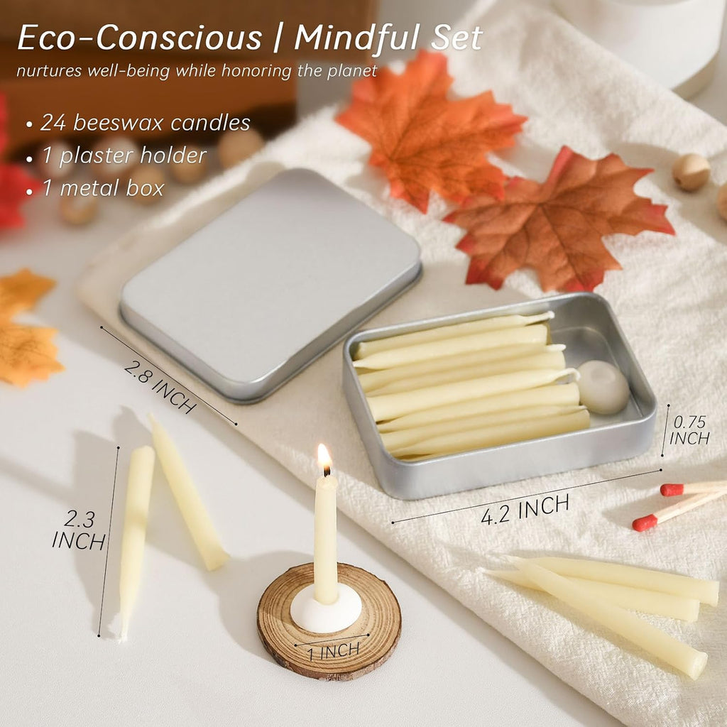 20 Minute 100% Pure Beeswax Candles, Mini Mindful Meditation Taper Candles, Smokeless & Dripless with Holder for Yoga, Prayer, Relaxation (White,24 Pack)