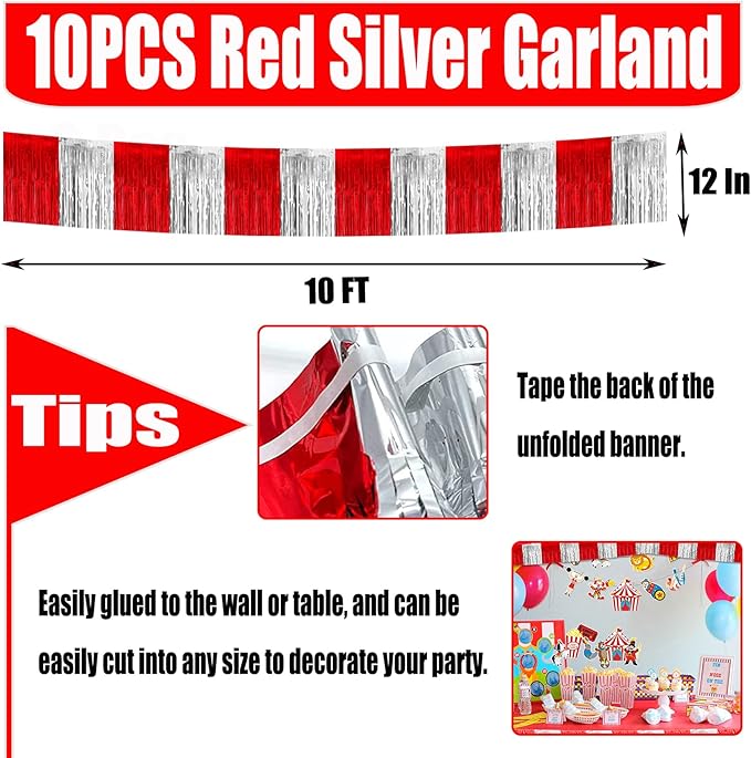 10 Pack 10 Feet Foil Fringe Garland Metallic Tinsel Streamers Banner Wall Hanging Backdrop for Parade Floats, Circus Welcome Carnival Birthday Party Decorations(Silver Red)