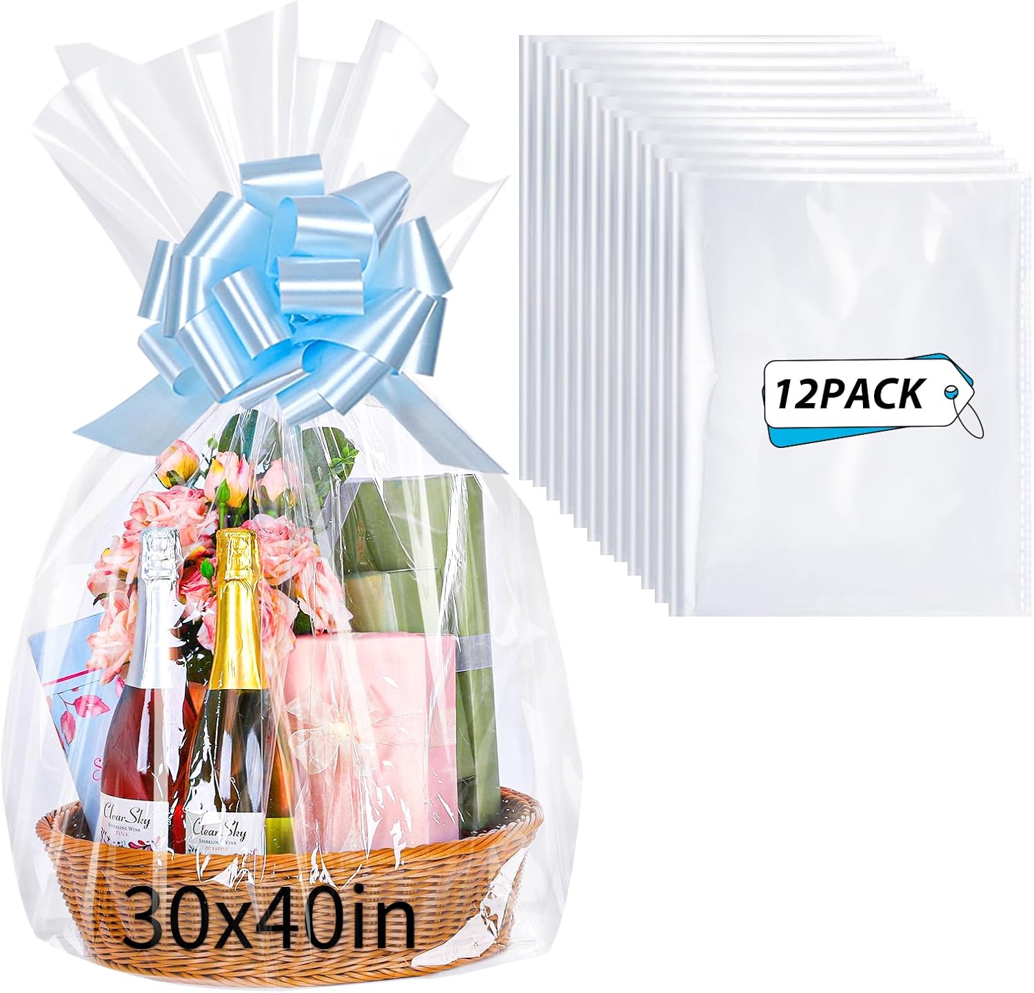 woric 12PCS Large Clear Cellophane Gift Bags 30x40 Inch | Cellophane Wrap for Gift Baskets Bags for Baby Shower Raffle Back to School Teacher Gift Birthday Party Bridal Shower