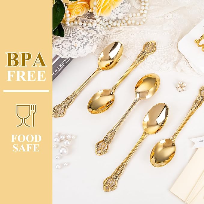 150PCS Gold Plastic Spoons - Gold Spoons Disposable - 8.1 Inch Heavy Duty Plastic Silverware - Heavyweight Elegant Disposable Utensils for Catering, Parties, Dinners, Weddings