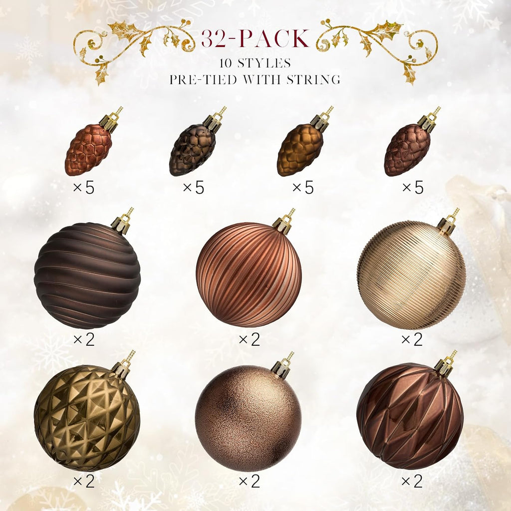 JORNOY Brown Christmas Tree Ornaments - 3.12inch/80mm Shatterproof Ornaments for Christmas Tree Set Plastic Decorative Hanging Balls Ornaments for Xmas Tree Decorations, 32ct (Brown)