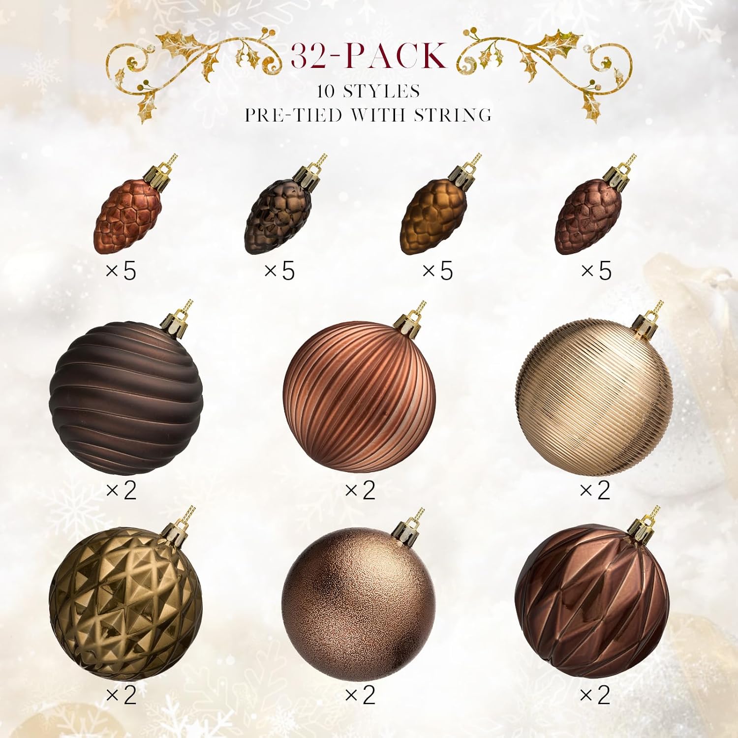 JORNOY Brown Christmas Tree Ornaments - 3.12inch/80mm Shatterproof Ornaments for Christmas Tree Set Plastic Decorative Hanging Balls Ornaments for Xmas Tree Decorations, 32ct (Brown)